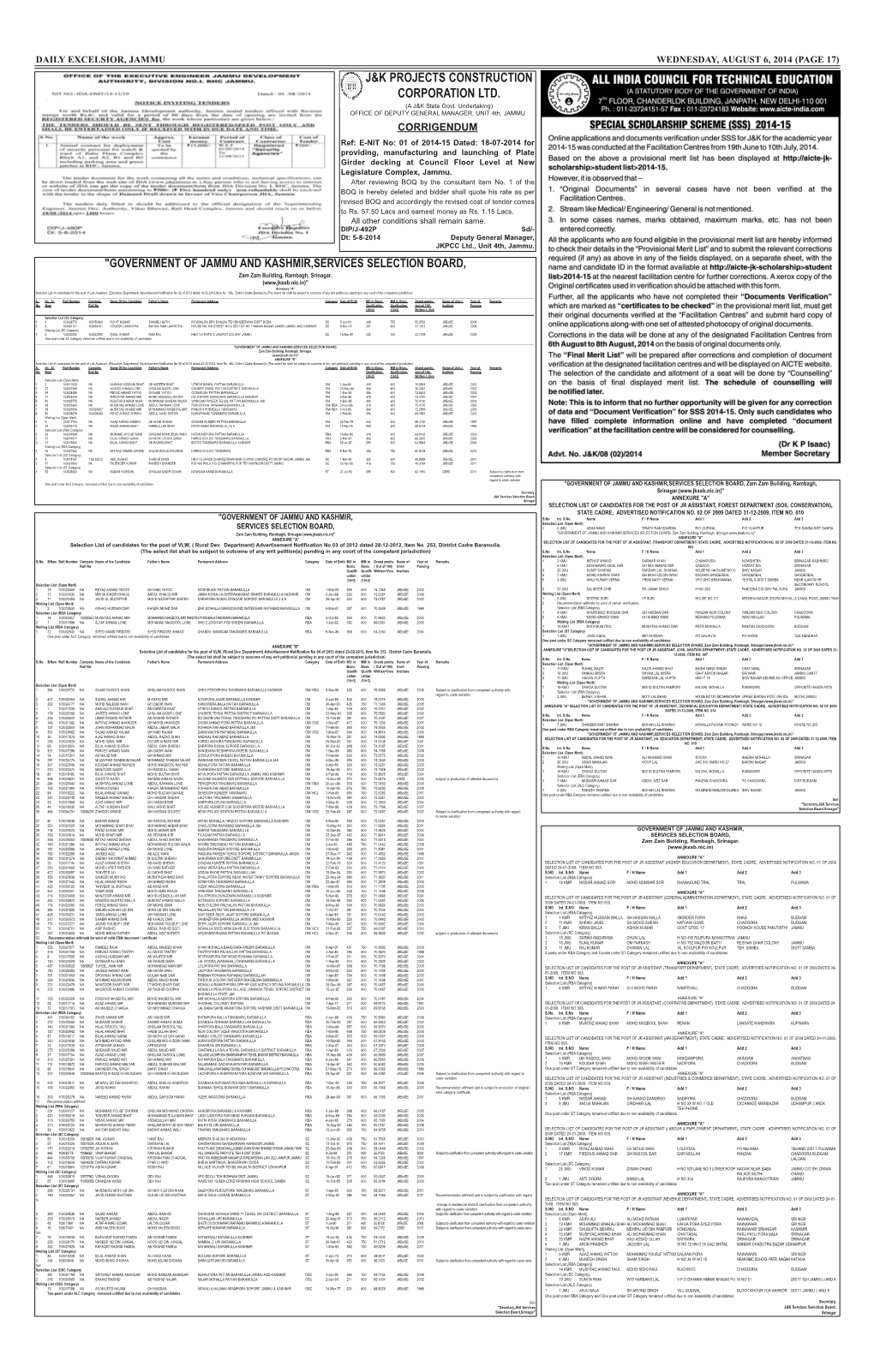 Government of Jammu and Kashmir, Services Selection Board