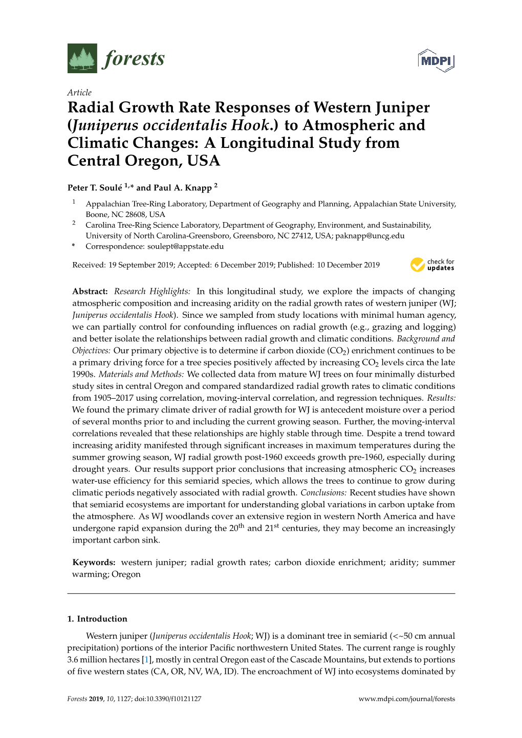 Radial Growth Rate Responses of Western Juniper (Juniperus Occidentalis Hook.) to Atmospheric and Climatic Changes: a Longitudinal Study from Central Oregon, USA