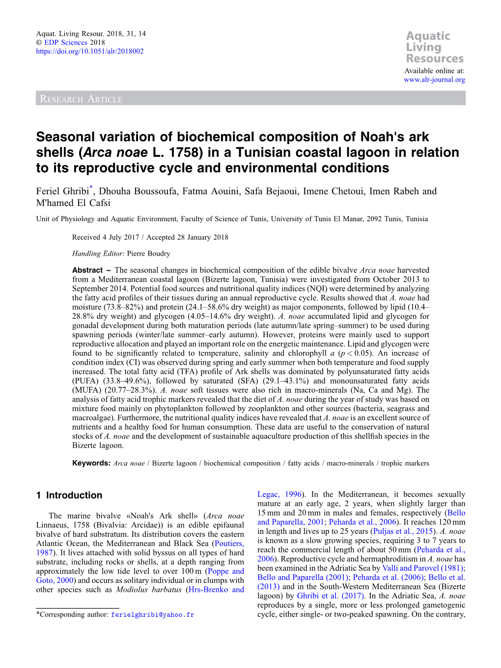 Seasonal Variation of Biochemical Composition of Noah\'S Ark Shells (Arca Noae L. 1758) in a Tunisian Coastal Lagoon in Rela