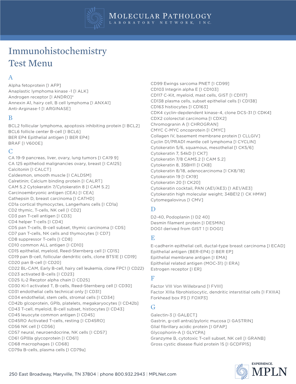 IHC Test Menu