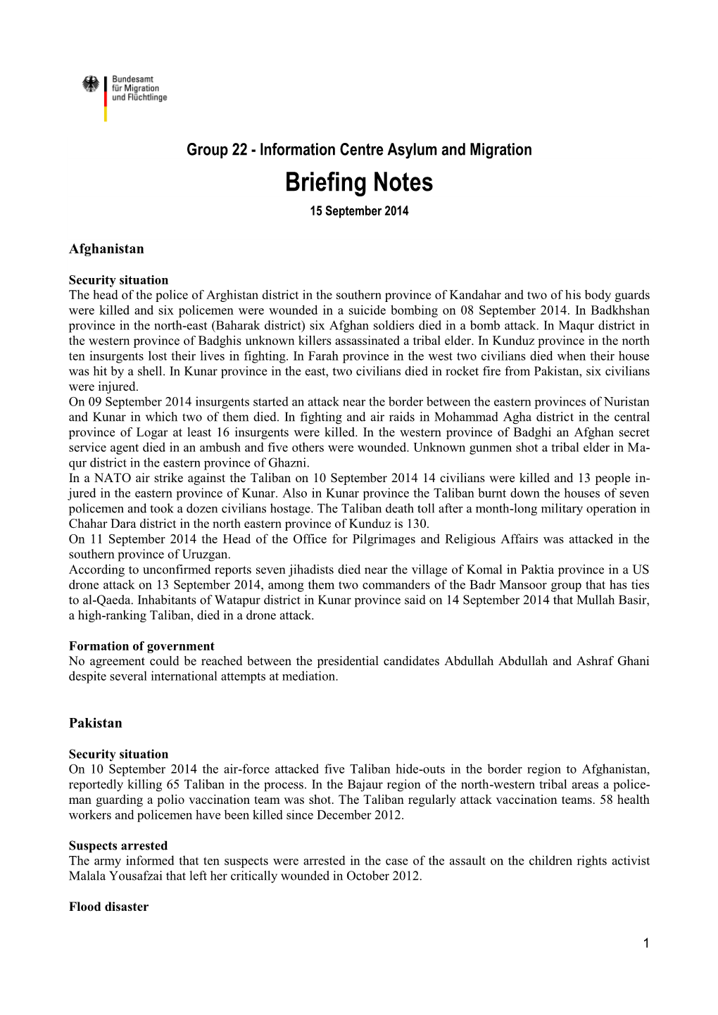 Briefing Notes 15 September 2014