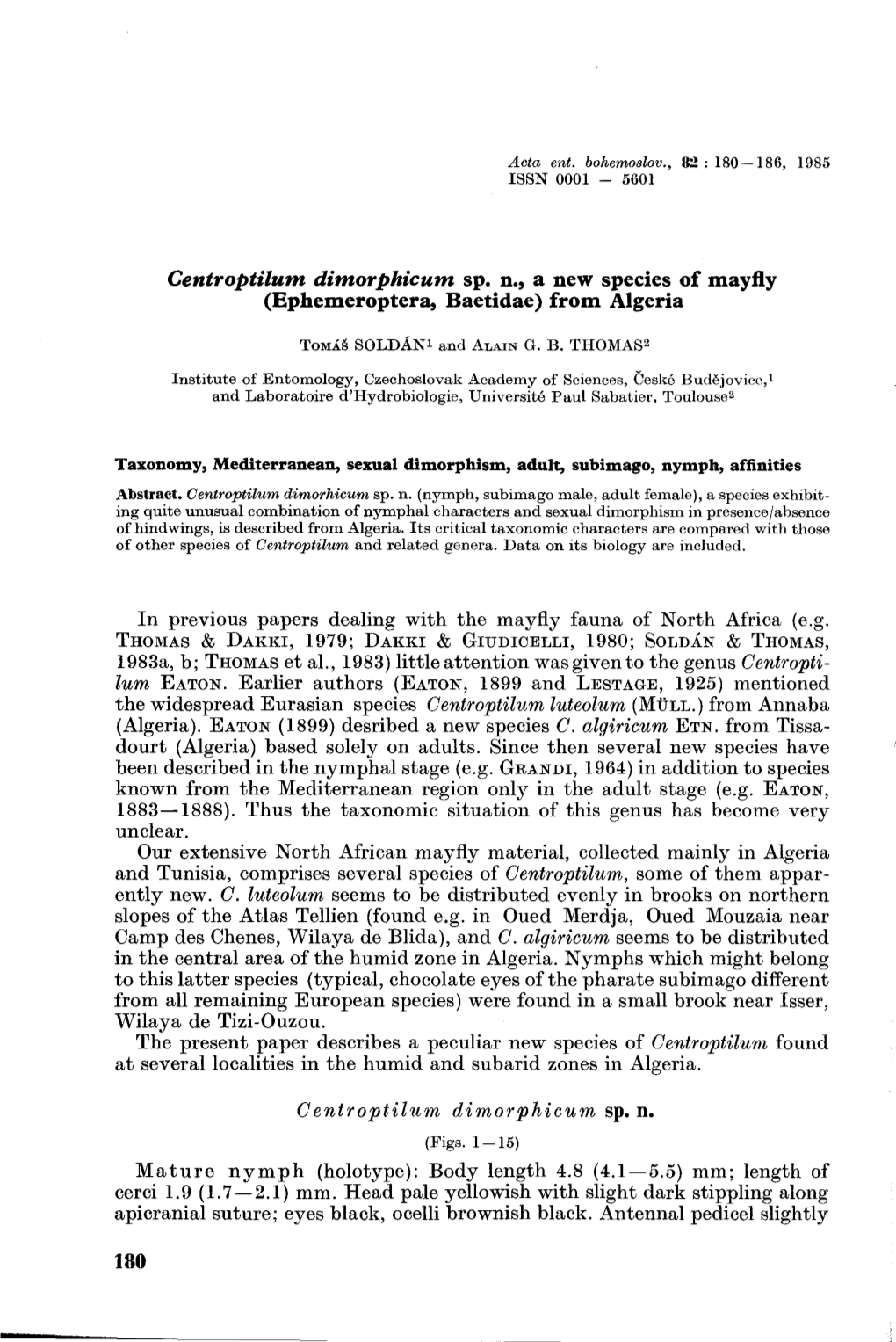 Centroptilum Dimorphicum Sp. N., a New Species of Mayfly (Ephemeroptera, Baetidae) from Algeria