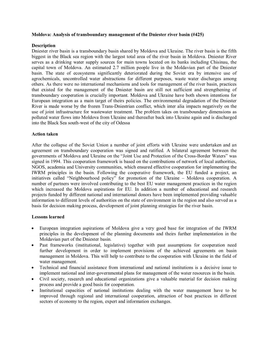 Moldova: Analysis of Transboundary Management of the Dniester River Basin (#425)