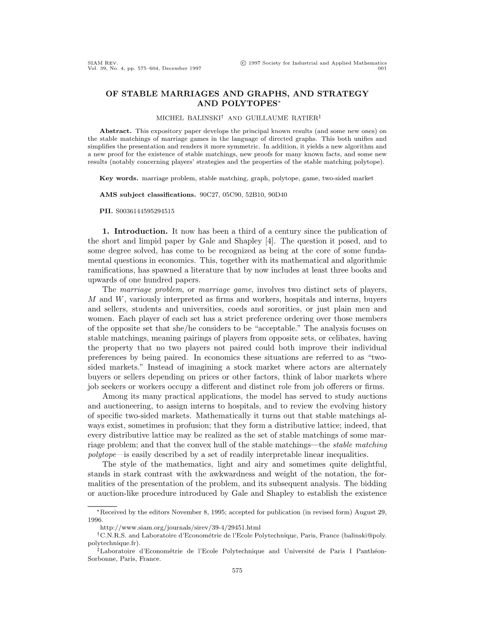 Of Stable Marriages and Graphs, and Strategy and Polytopes∗