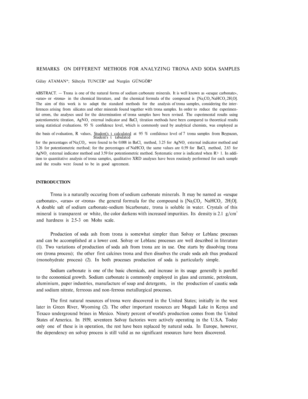 Remarks on Different Methods for Analyzing Trona and Soda Samples