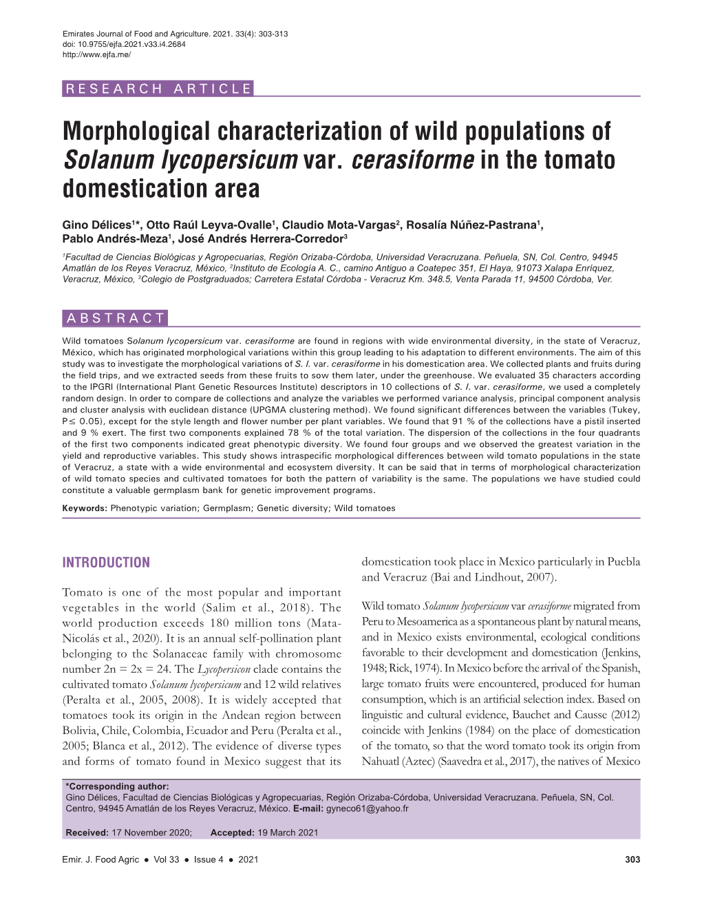 Morphological Characterization of Wild Populations of Solanum Lycopersicum Var