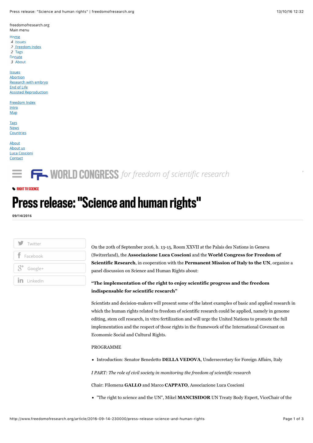 Press Release: "Science and Human Rights" | Freedomofresearch.Org 13/10/16 12:32 Freedomofresearch.Org Main Menu Home 4 Issues 2 Freedom Index 2 Tags Donate 3 About