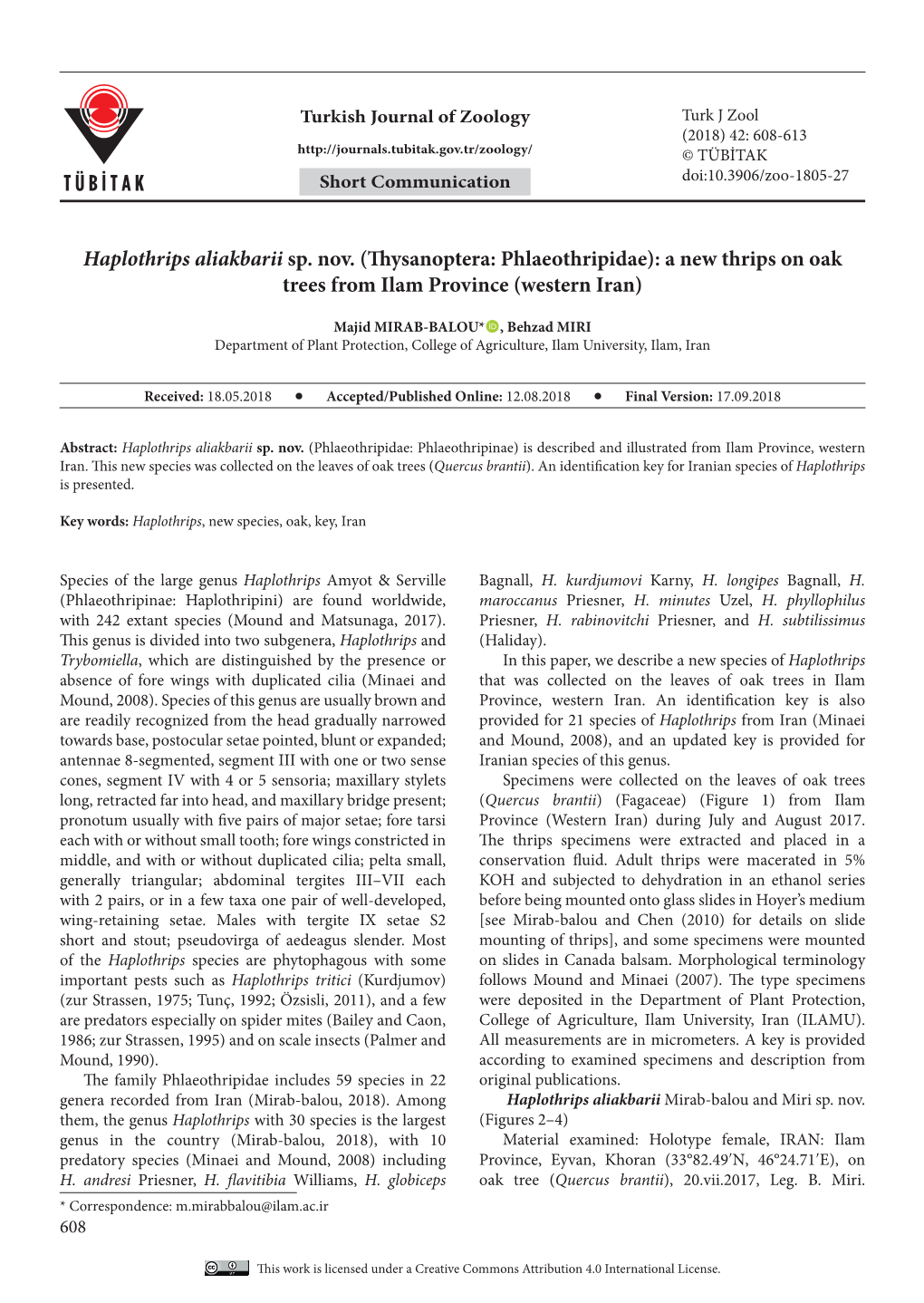 Haplothrips Aliakbarii Sp. Nov. (Thysanoptera: Phlaeothripidae): a New Thrips on Oak Trees from Ilam Province (Western Iran)