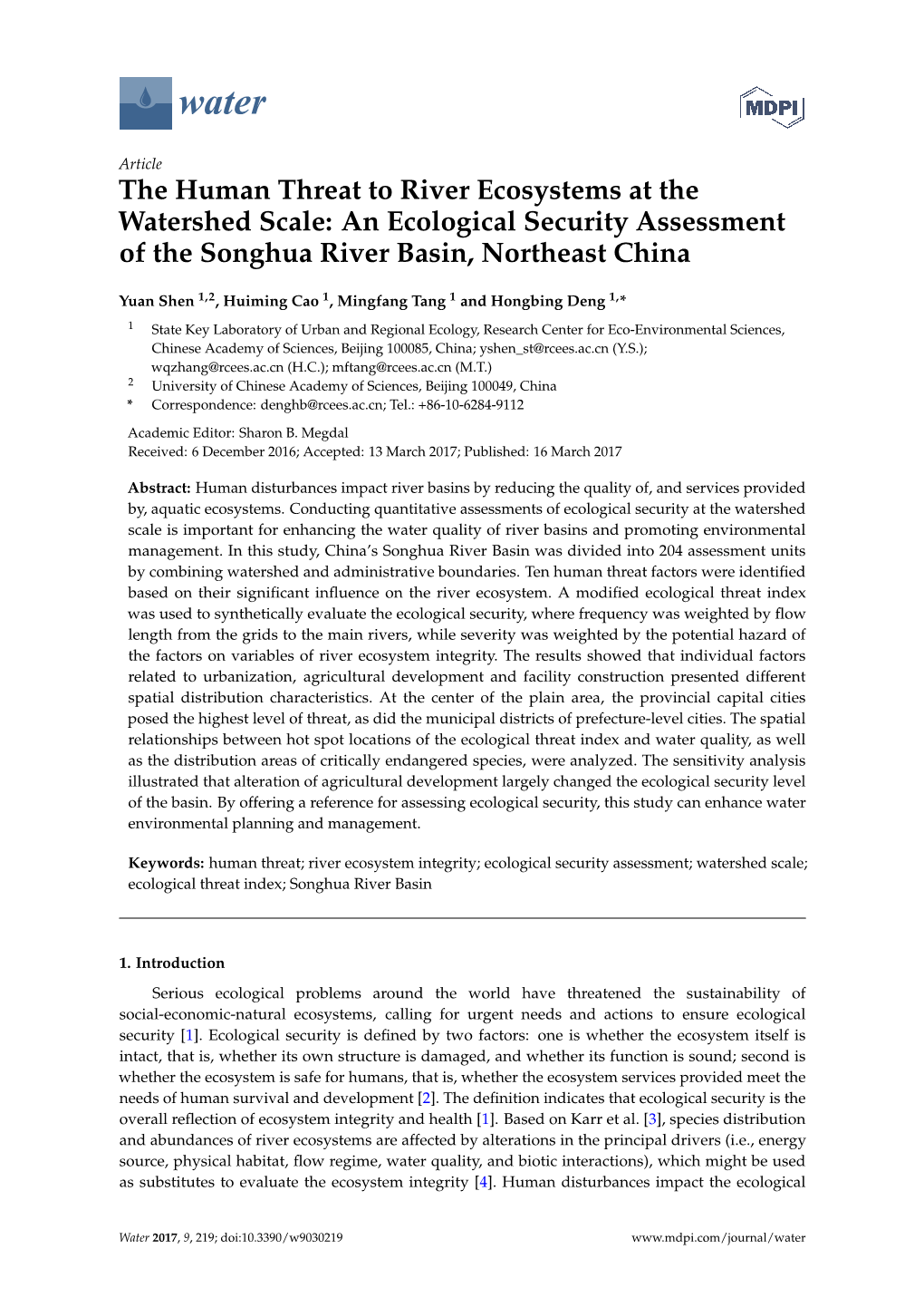 The Human Threat to River Ecosystems at the Watershed Scale: an Ecological Security Assessment of the Songhua River Basin, Northeast China