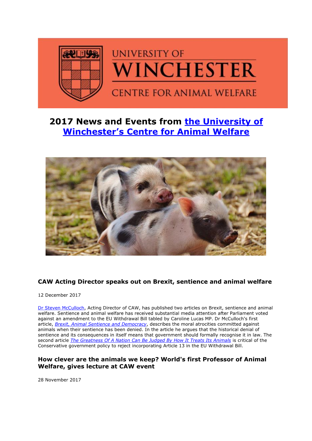 Centre for Animal Welfare News 2017