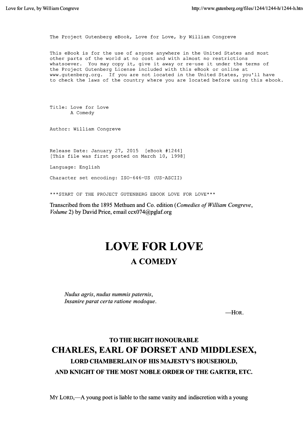 Love for Love, by William Congreve