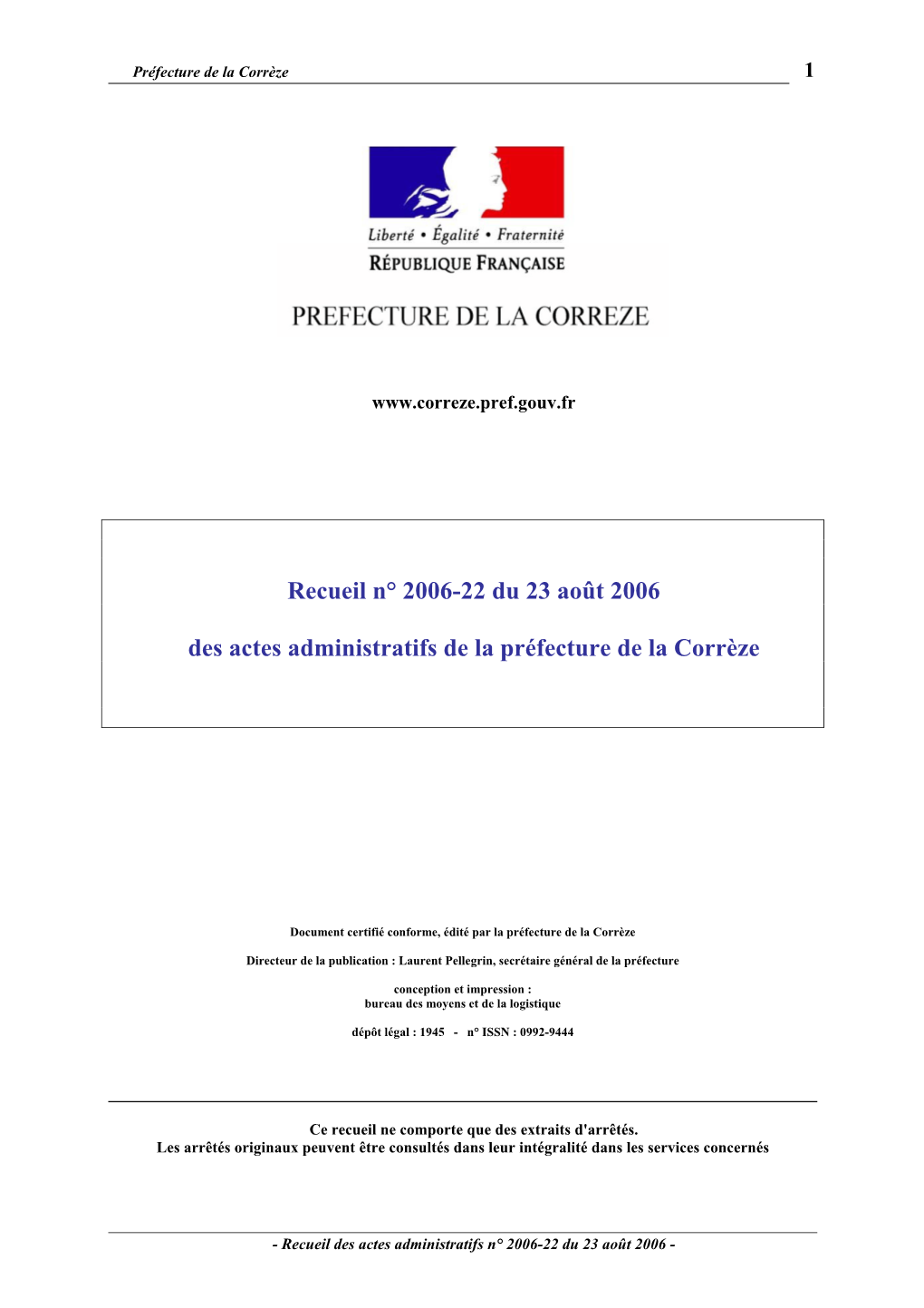 Recueil N° 2006-22 Du 23 Août 2006 Des Actes Administratifs De La