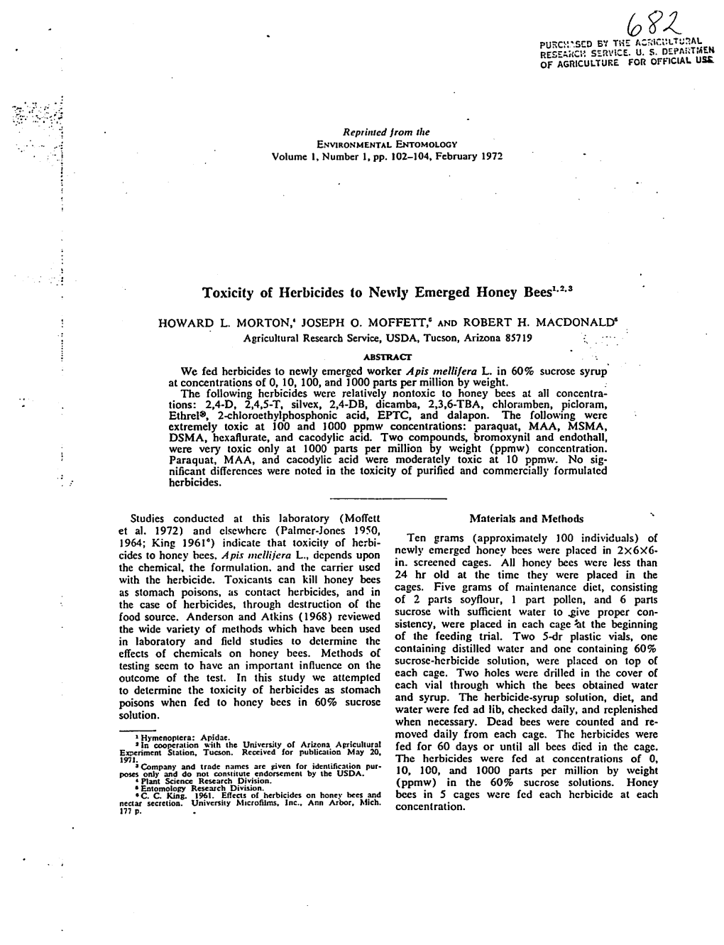 Toxicity of Herbicides to Newly Emerged Honey Bees,1.2.3