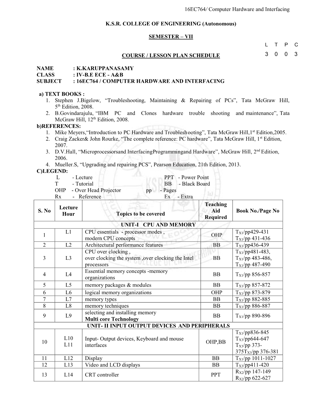 Computer Hardware and Interfacing KSR