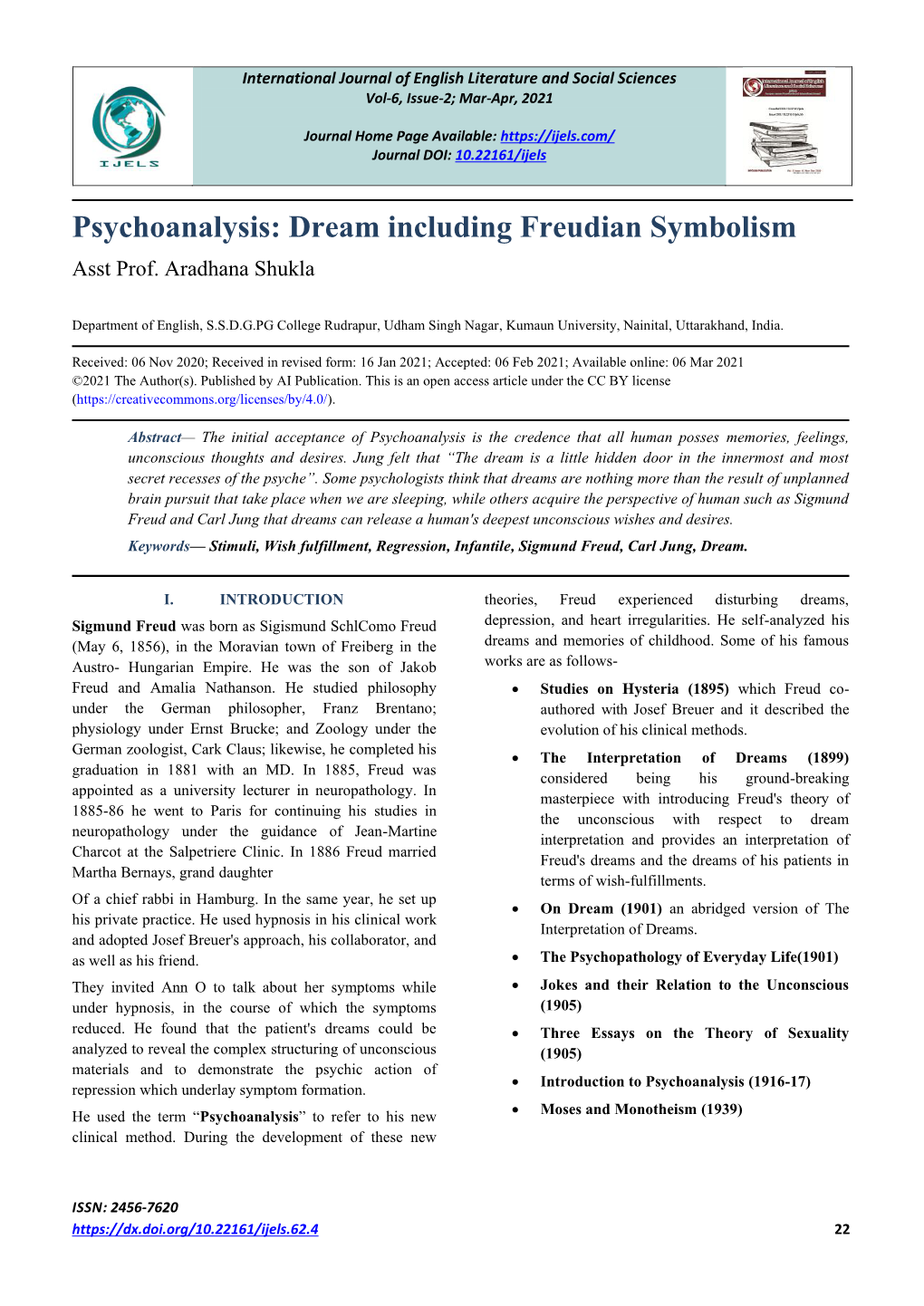 Psychoanalysis: Dream Including Freudian Symbolism Asst Prof