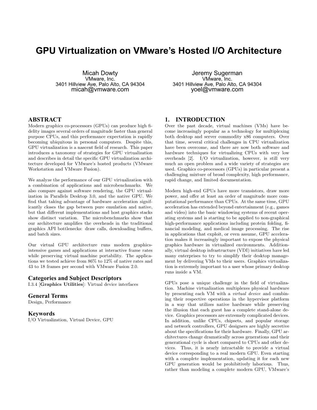 GPU Virtualization on Vmware's Hosted I/O Architecture