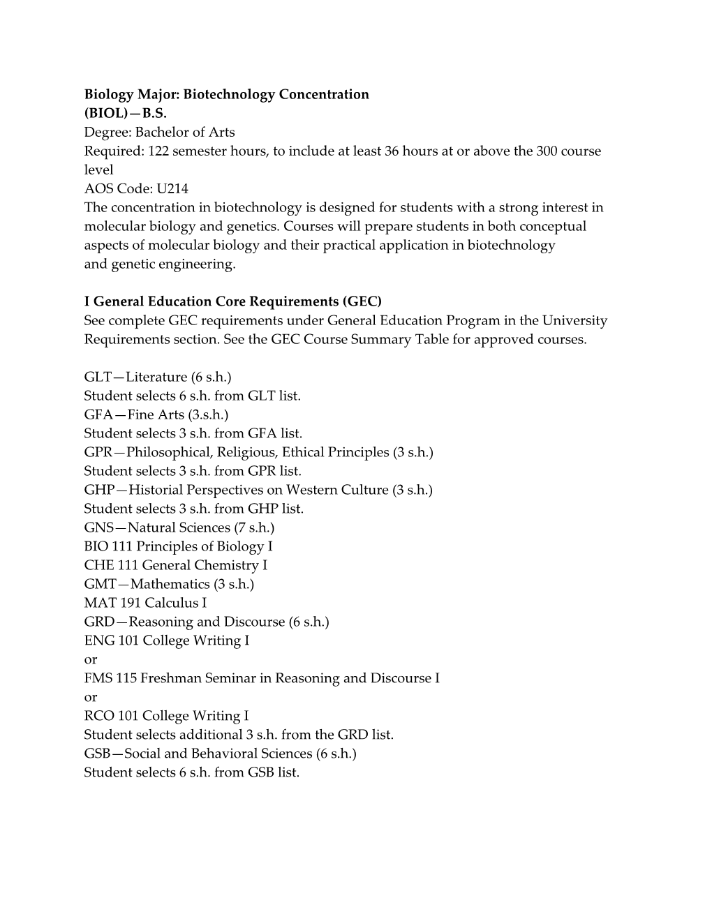 Biology Major: Biotechnology Concentration (BIOL)—BS Degree