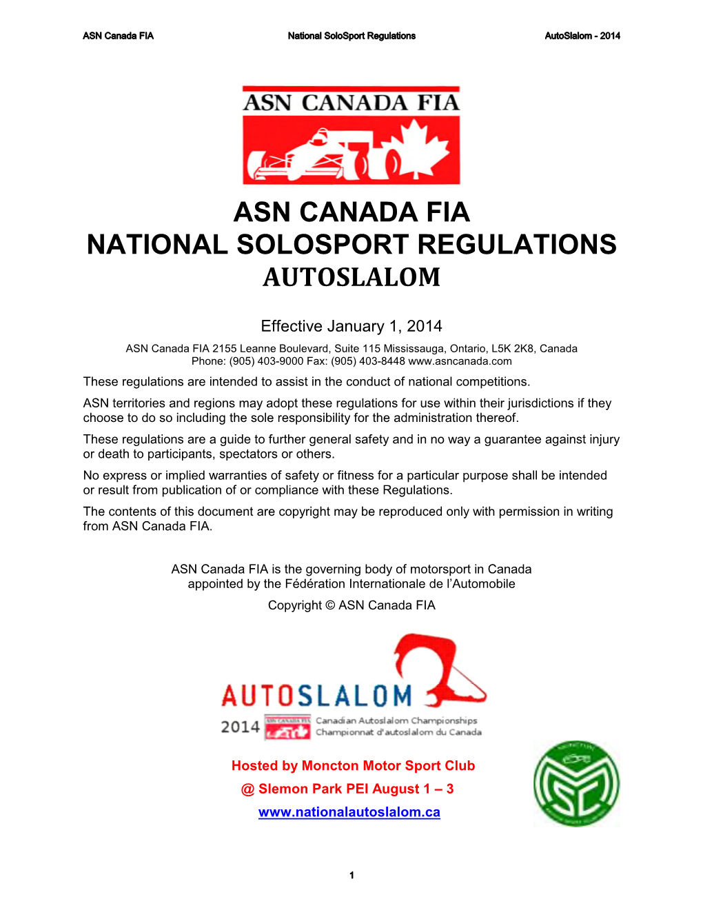ASN Canada FIA National Solosport Regulations Autoslalom - 2014