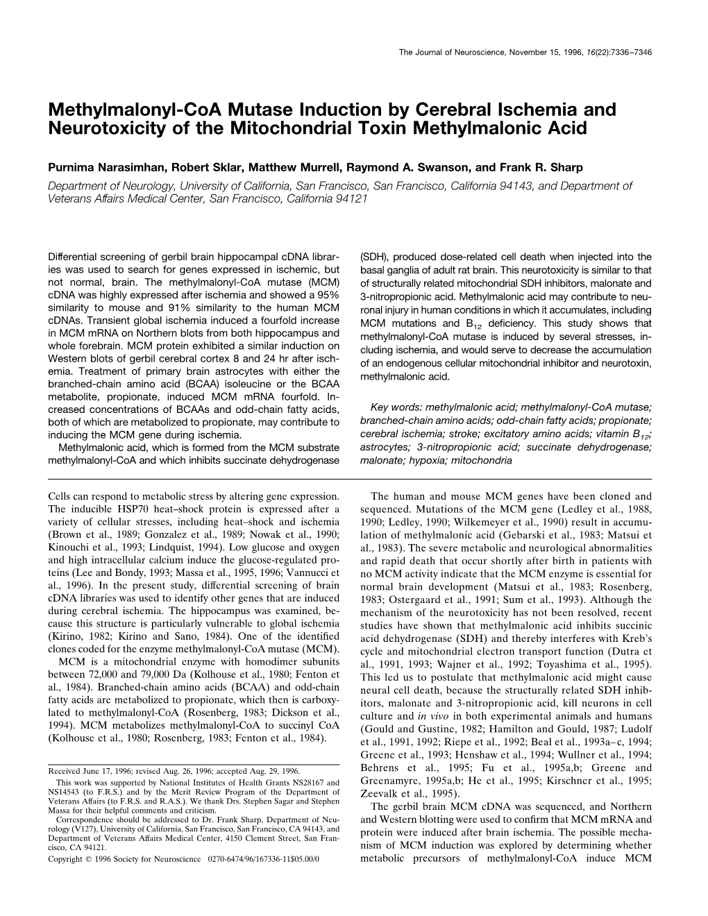 Methylmalonyl-Coa Mutase Induction by Cerebral Ischemia and Neurotoxicity of the Mitochondrial Toxin Methylmalonic Acid