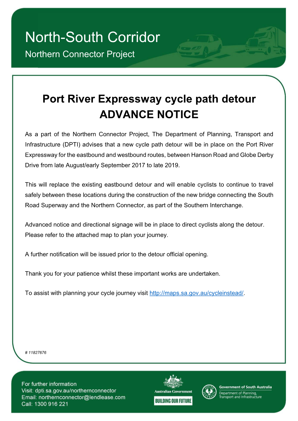 Port River Expressway Cycle Path Detour ADVANCE NOTICE