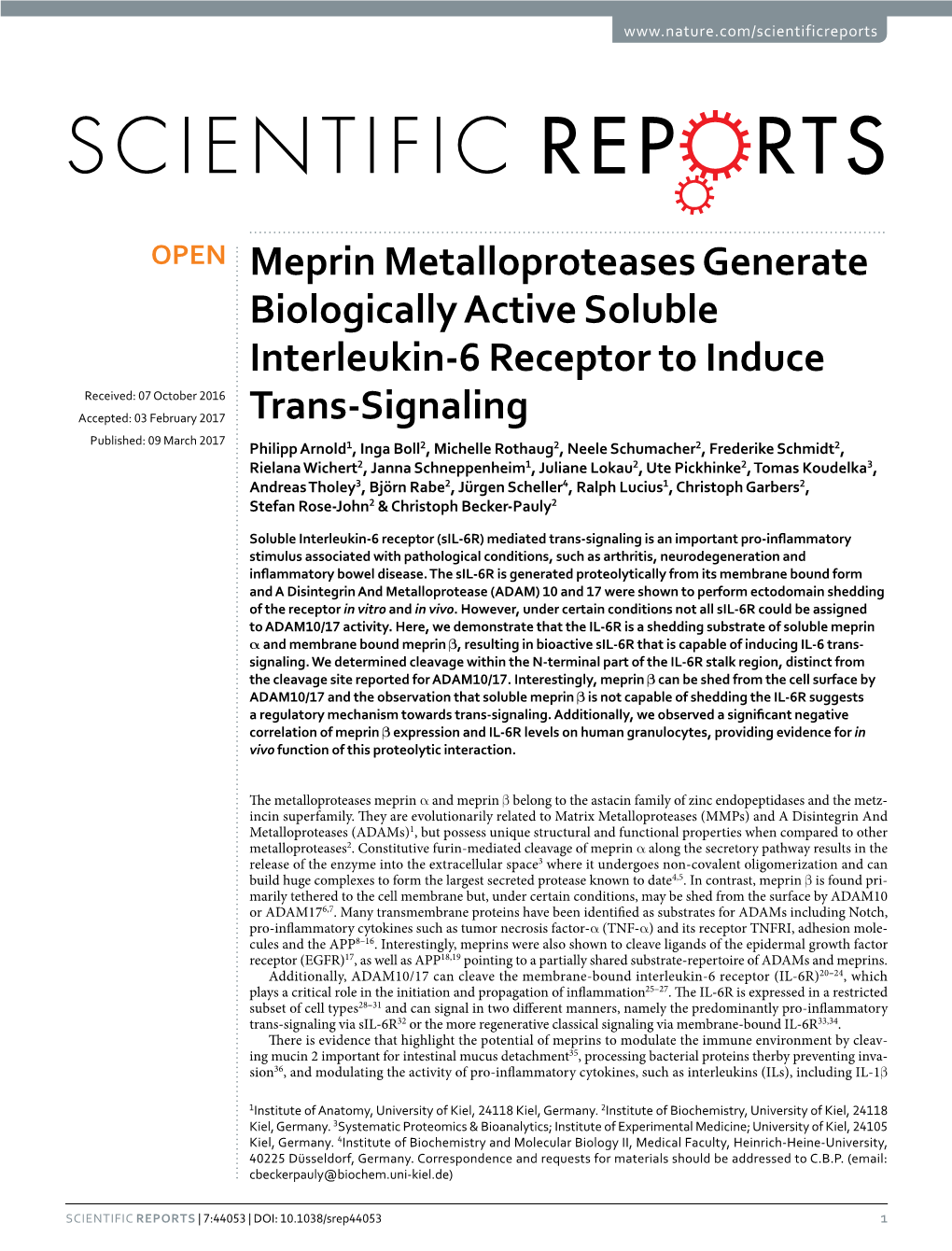 Meprin Metalloproteases Generate Biologically Active Soluble Interleukin-6 Receptor to Induce Trans-Signaling