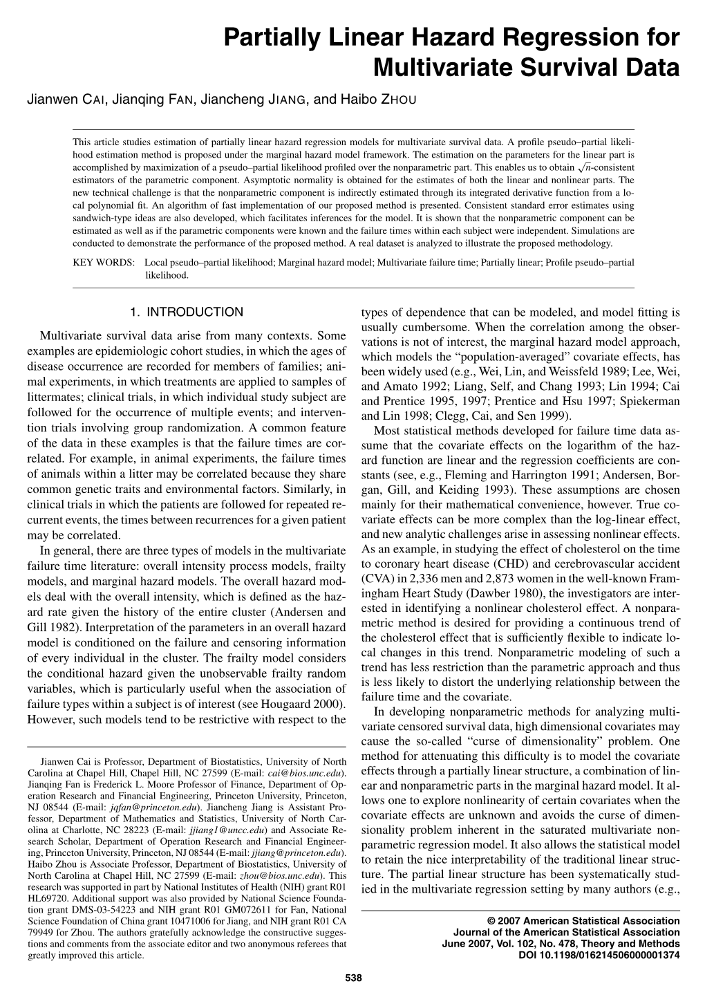 Partially Linear Hazard Regression for Multivariate Survival Data