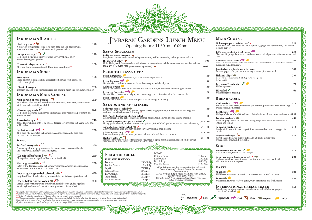 Jimbaran Gardens Lunch Menu