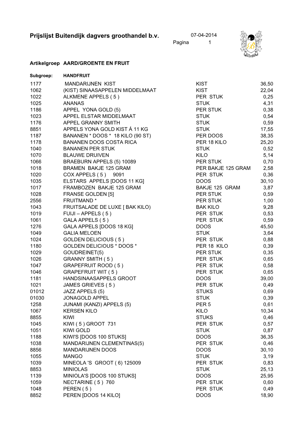 Prijslijst Buitendijk Dagvers Groothandel B.V. 07-04-2014 Pagina 1