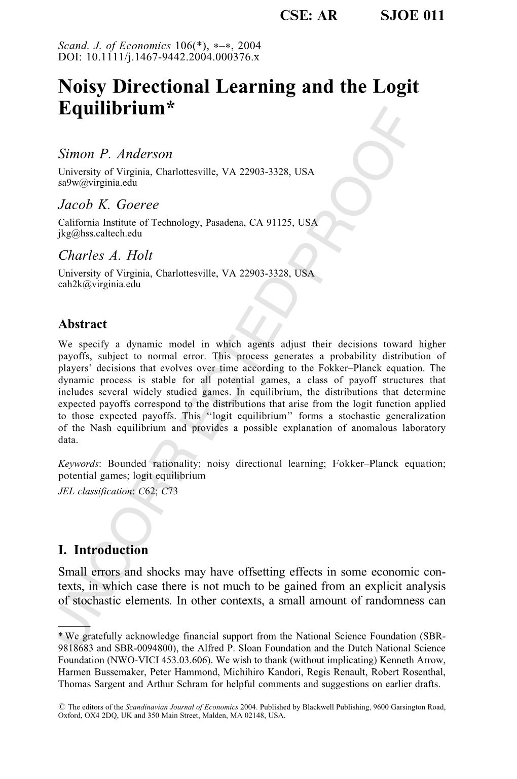 Noisy Directional Learning and the Logit Equilibrium*