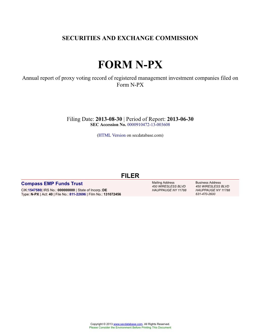 Compass EMP Funds Trust Form N-PX Filed 2013-08-30