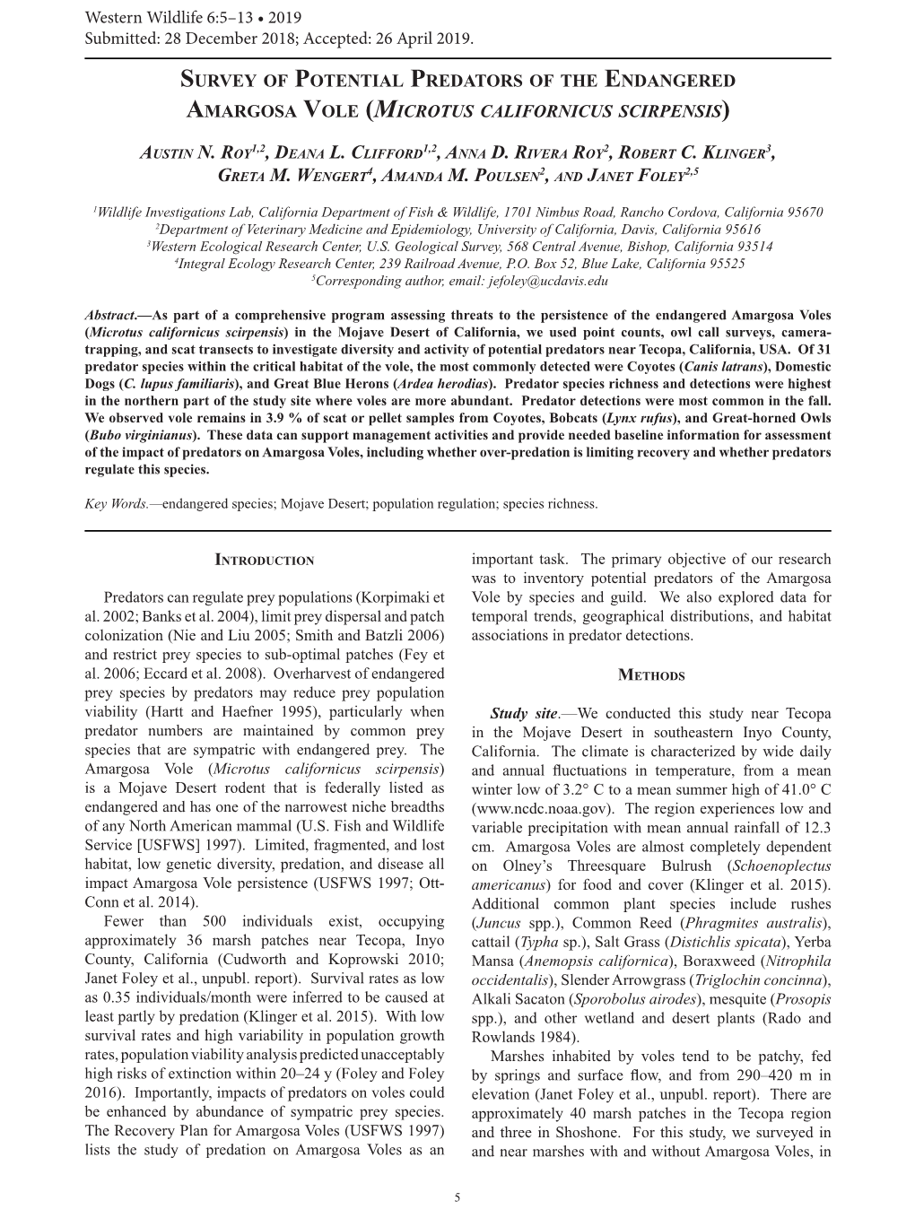 Survey of Potential Predators of the Endangered Amargosa Vole (Microtus Californicus Scirpensis)