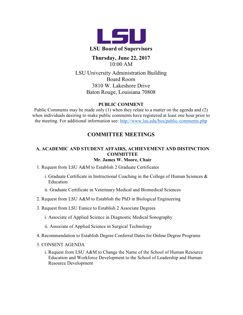 LSU BOS Meeting Notice and Agenda