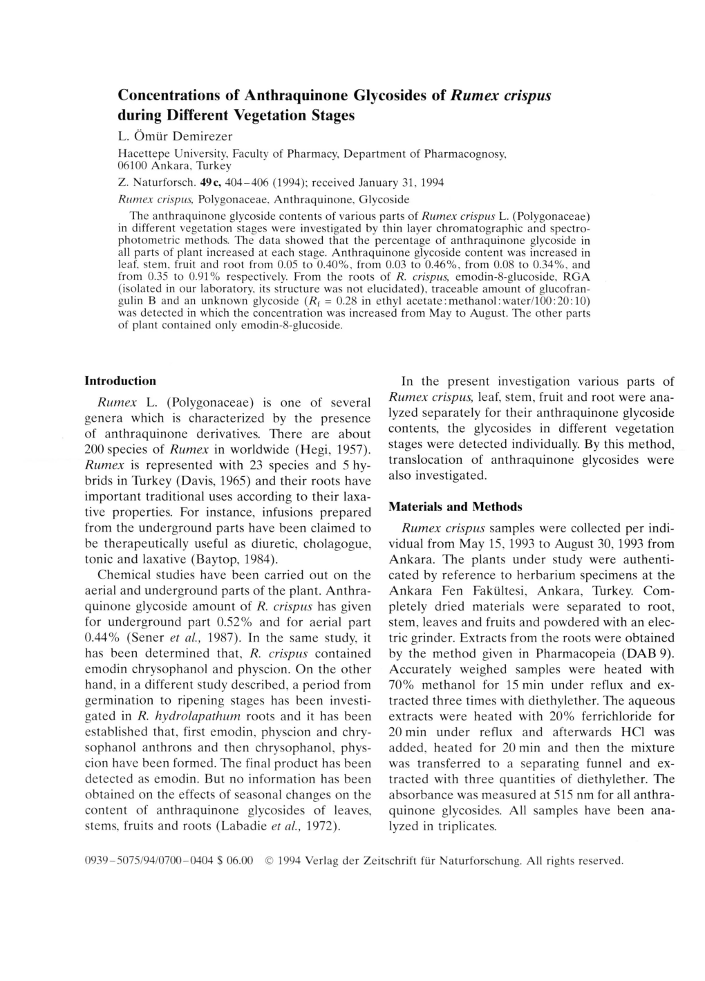 Concentrations of Anthraquinone Glycosides of Rumex Crispus During Different Vegetation Stages L