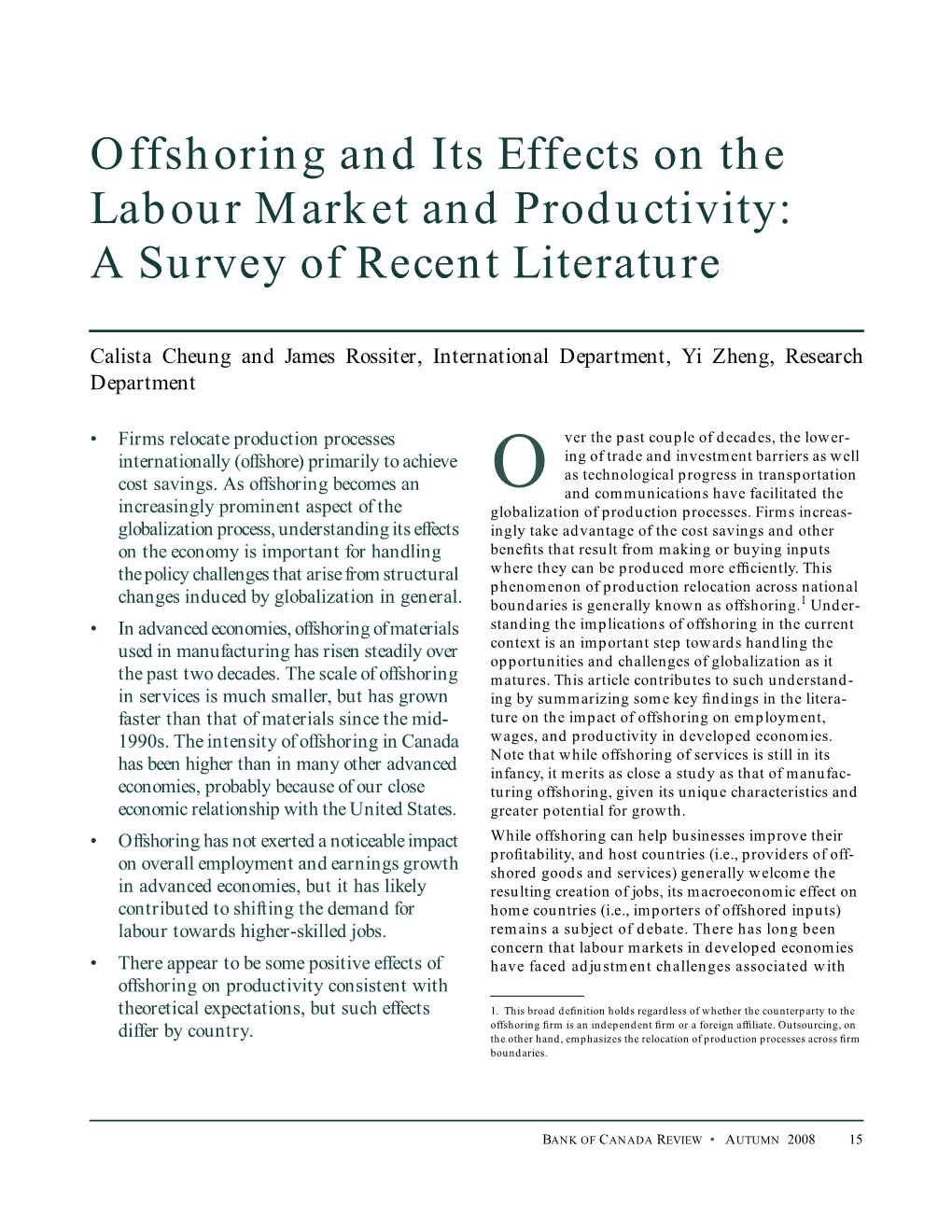 Offshoring and Its Effects on the Labour Market and Productivity: a Survey of Recent Literature