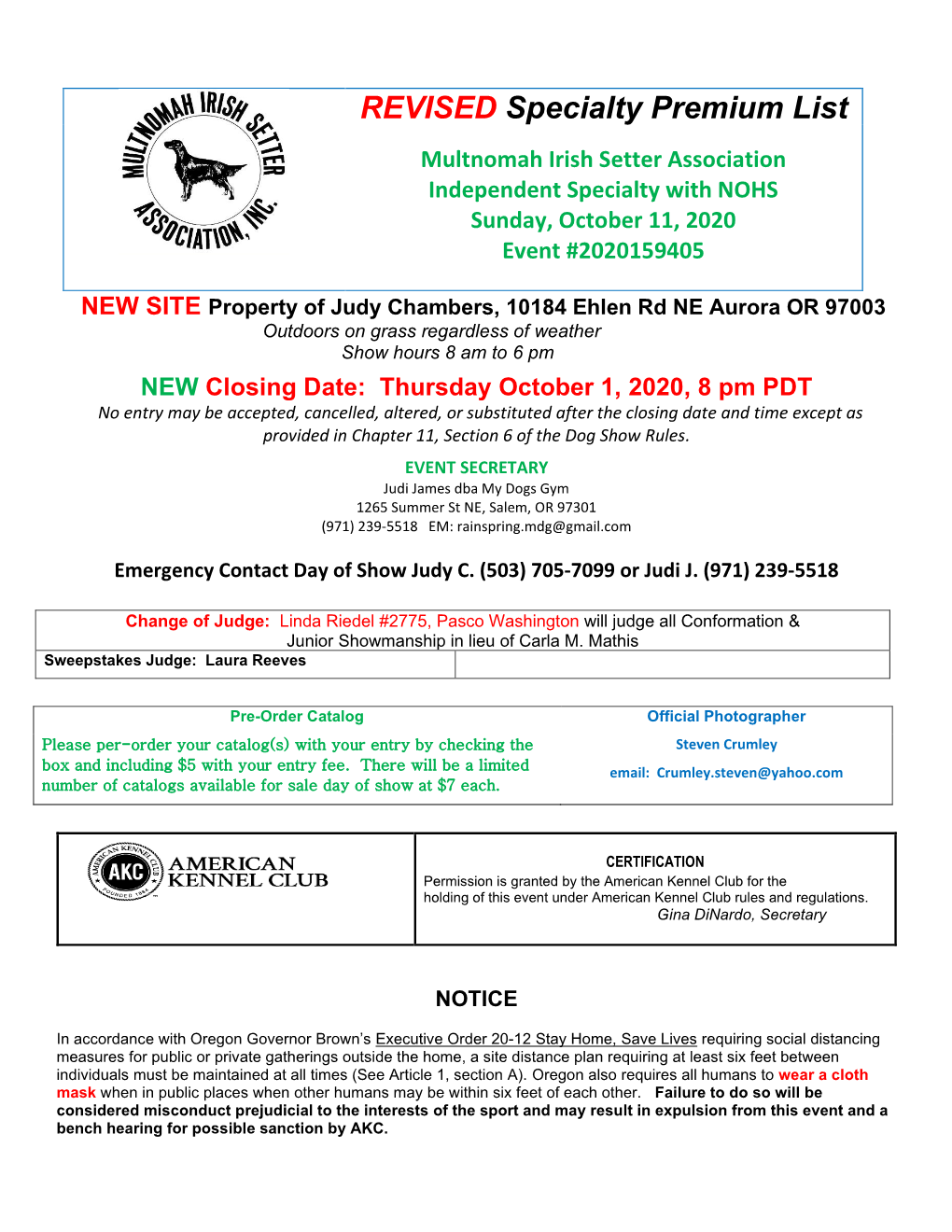 Multnomah Irish Setter Association Independent Specialty with NOHS Sunday, October 11, 2020 Event #2020159405