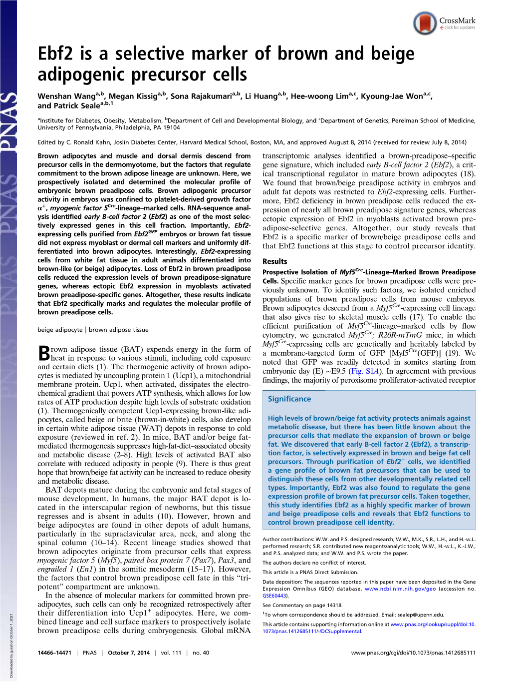 Ebf2 Is a Selective Marker of Brown and Beige Adipogenic Precursor Cells