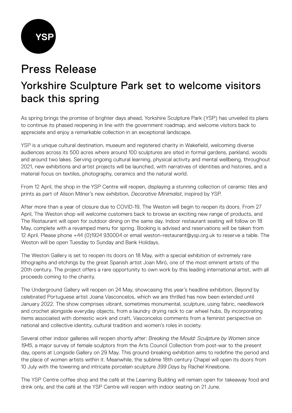 Press Release Yorkshire Sculpture Park Set to Welcome Visitors Back This Spring