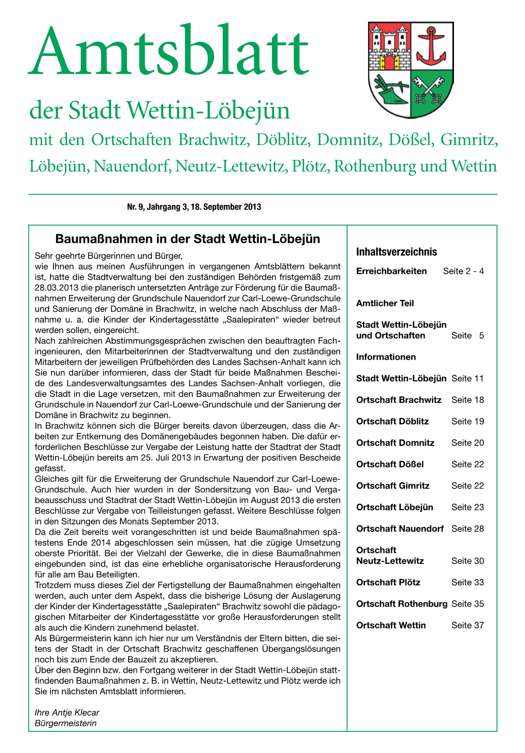 Amtsblatt Der Stadt Wettin-Löbejün Mit Den Ortschaften Brachwitz, Döblitz, Domnitz, Dößel, Gimritz, Löbejün, Nauendorf, Neutz-Lettewitz, Plötz, Rothenburg Und Wettin