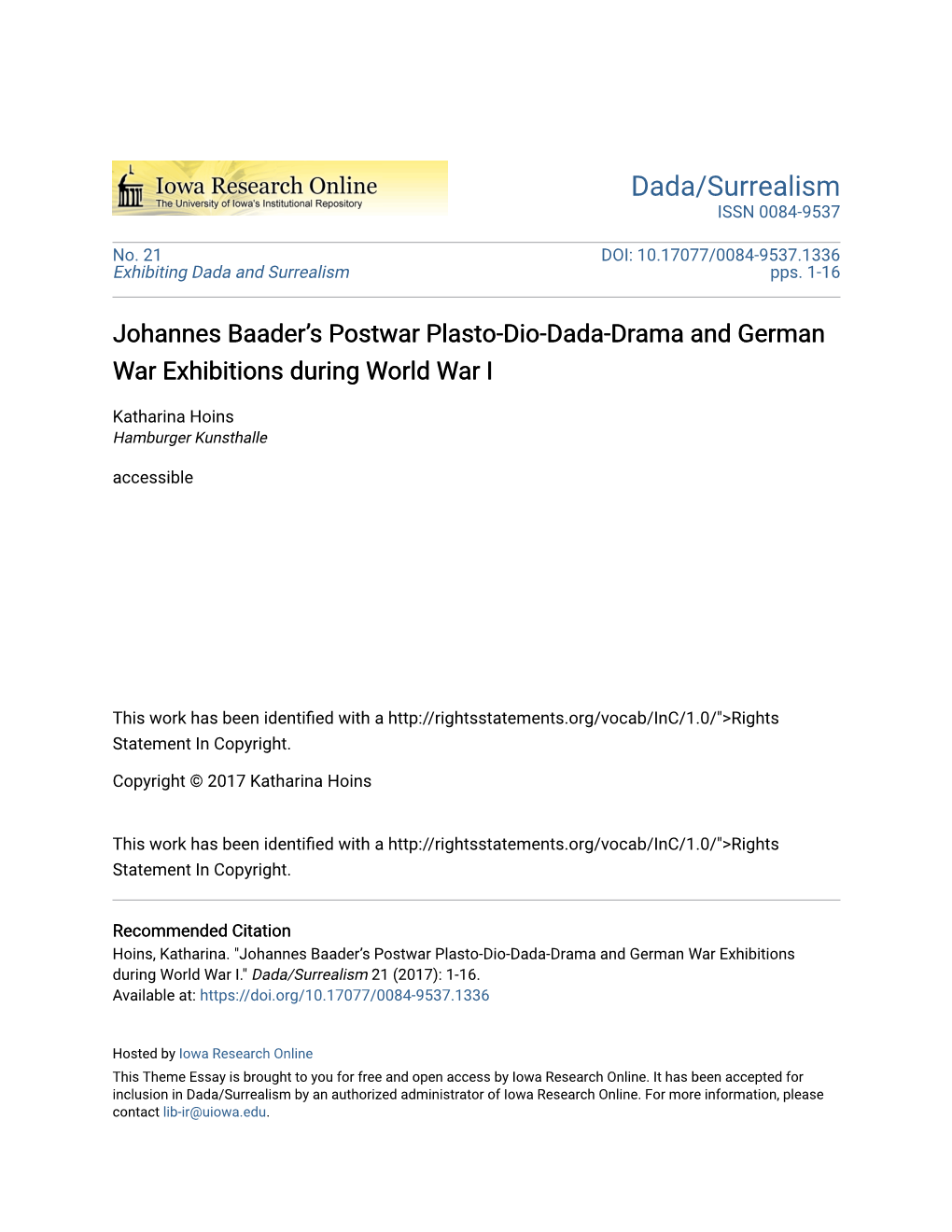 Johannes Baader's Postwar Plasto-Dio-Dada-Drama And