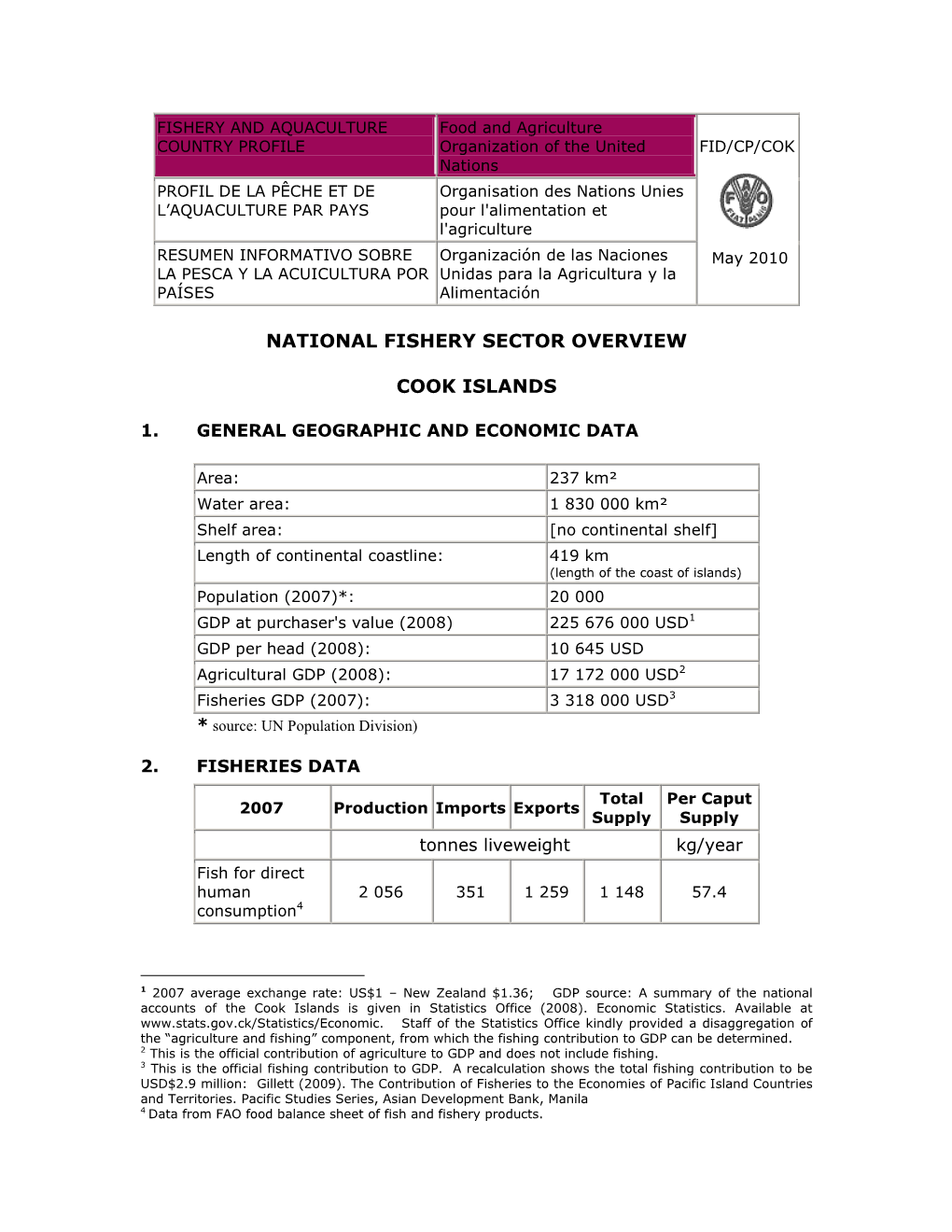 National Fishery Sector Overview Cook Islands