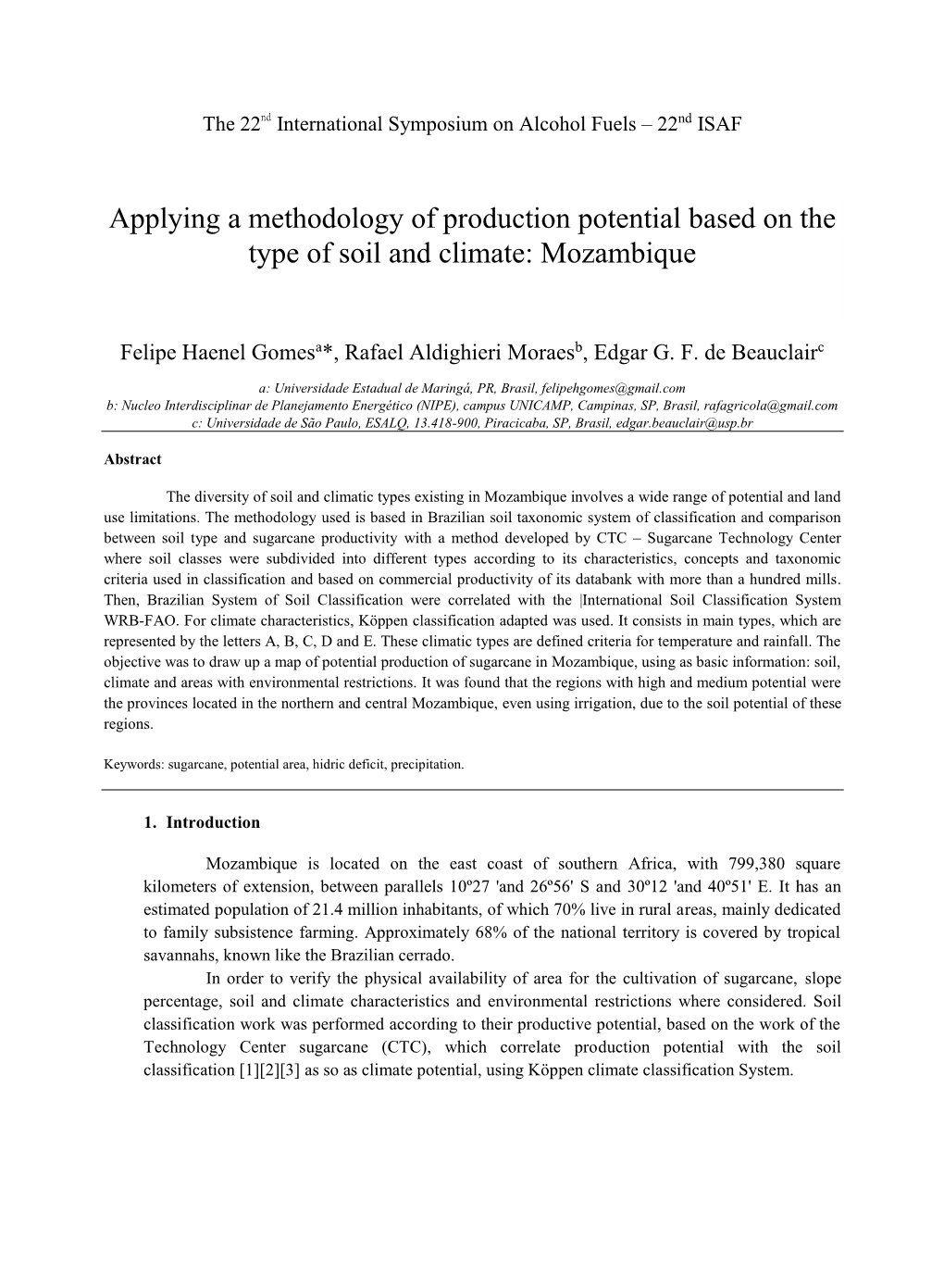 Applying a Methodology of Production Potential Based on the Type of Soil and Climate: Mozambique