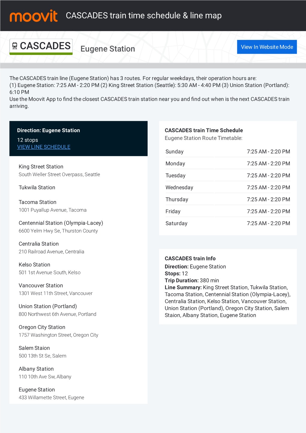 CASCADES Train Time Schedule & Line Route