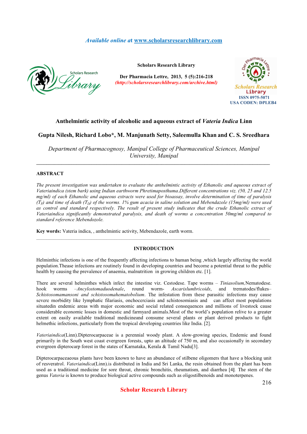 Anthelmintic Activity of Alcoholic and Aqueous Extract of Vateria Indica Linn