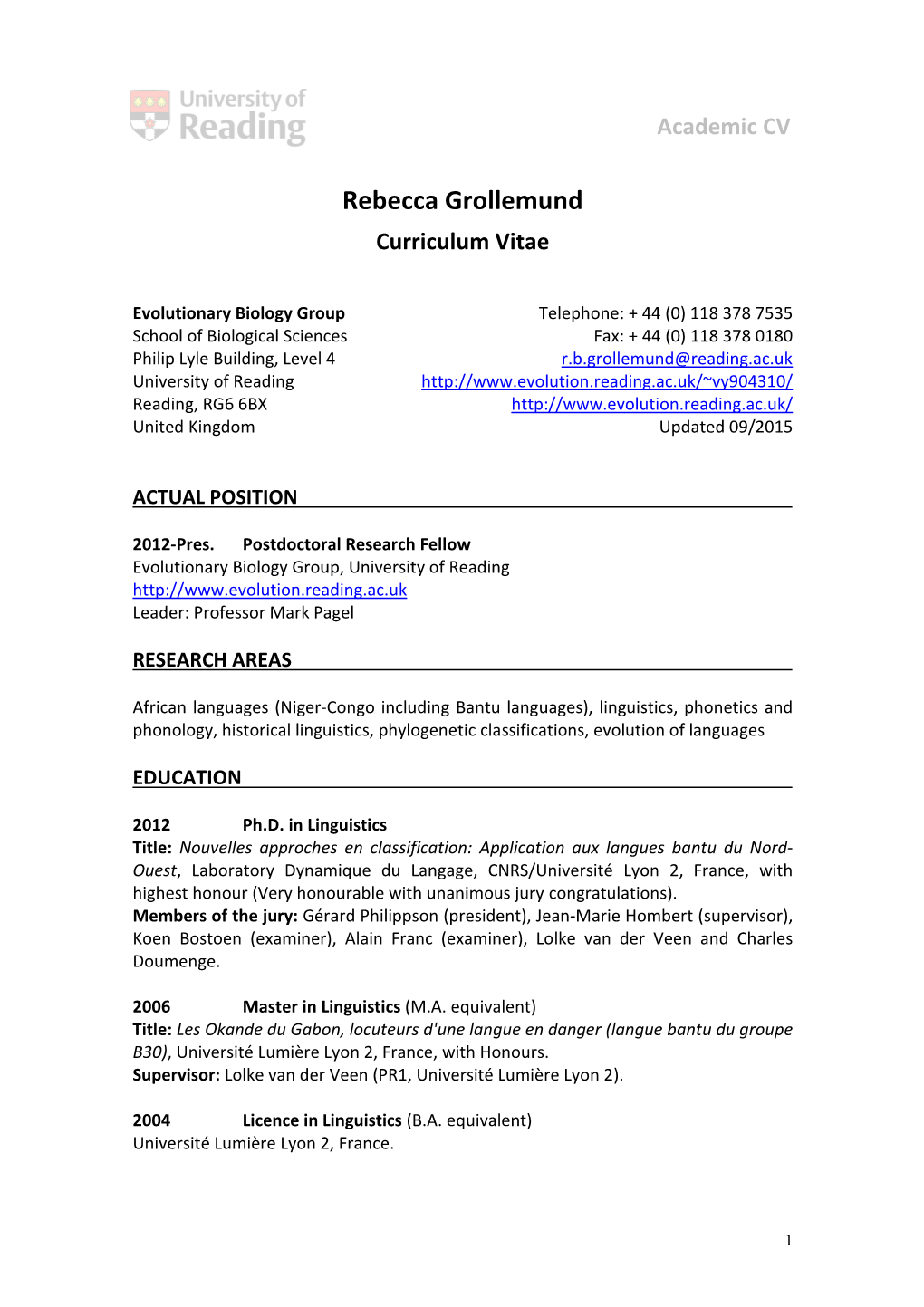 Rebecca Grollemund Curriculum Vitae