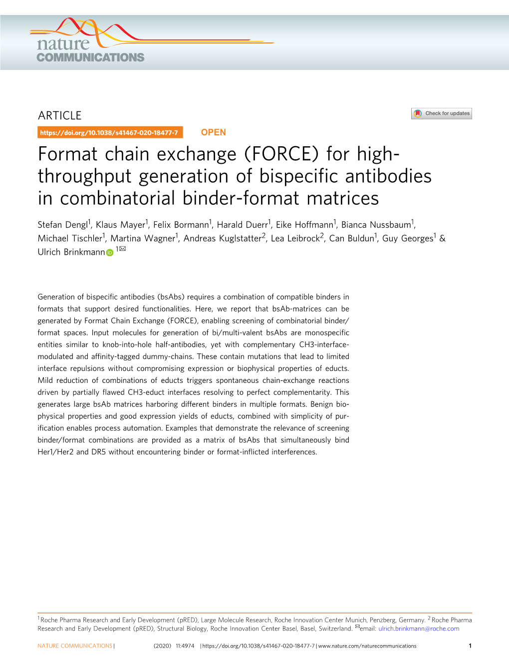 Format Chain Exchange (FORCE) for High- Throughput Generation of Bispeciﬁc Antibodies in Combinatorial Binder-Format Matrices