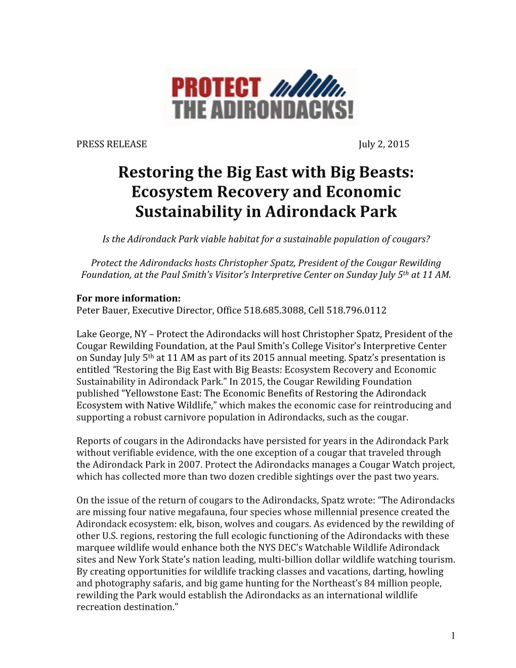 Restoring the Big East with Big Beasts: Ecosystem Recovery and Economic Sustainability in Adirondack Park