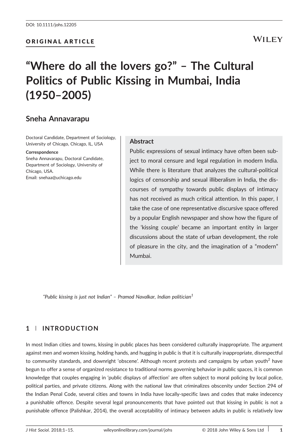 Where Do All the Lovers Go?”–The Cultural Politics of Public Kissing in Mumbai, India (1950–2005)