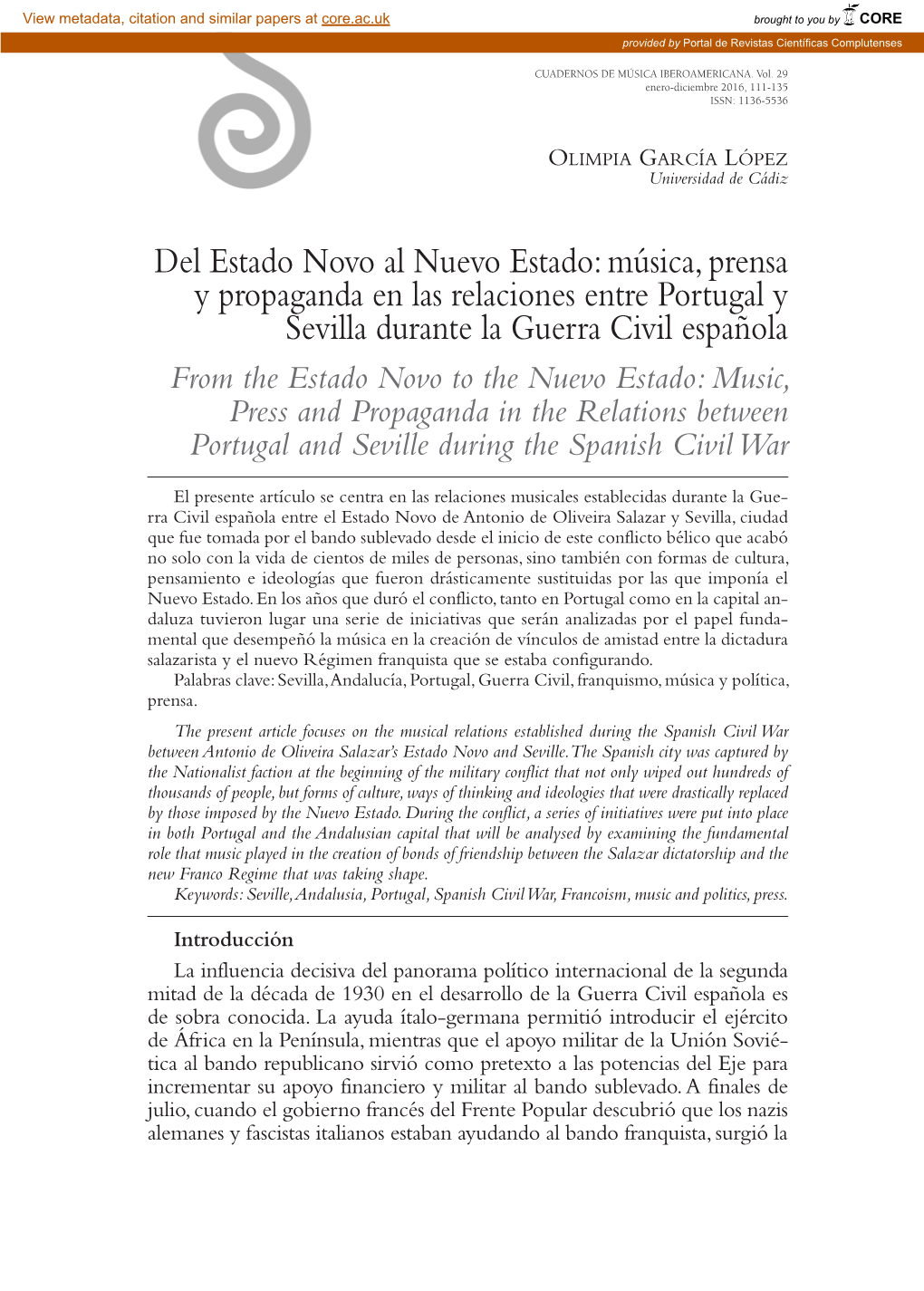 Música, Prensa Y Propaganda En Las Relaciones Entre Portugal Y Sevilla Durante La Guerra Civil