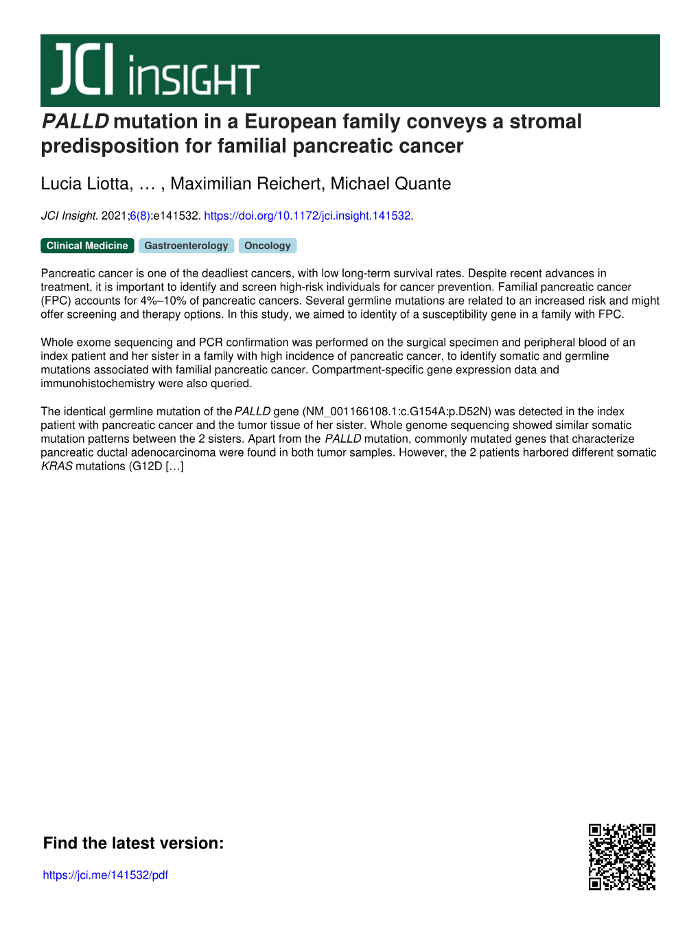 PALLD Mutation in a European Family Conveys a Stromal Predisposition for Familial Pancreatic Cancer