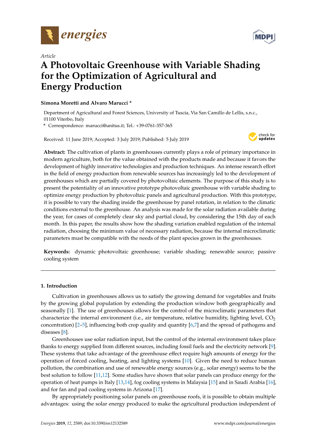 A Photovoltaic Greenhouse with Variable Shading for the Optimization of Agricultural and Energy Production